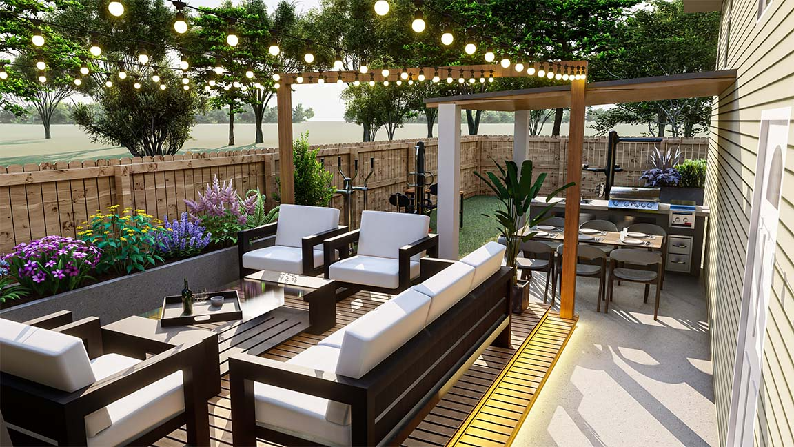 Outdoor patio with seating, fire pit, dining area, and string lights, framed by a wooden fence and greenery.