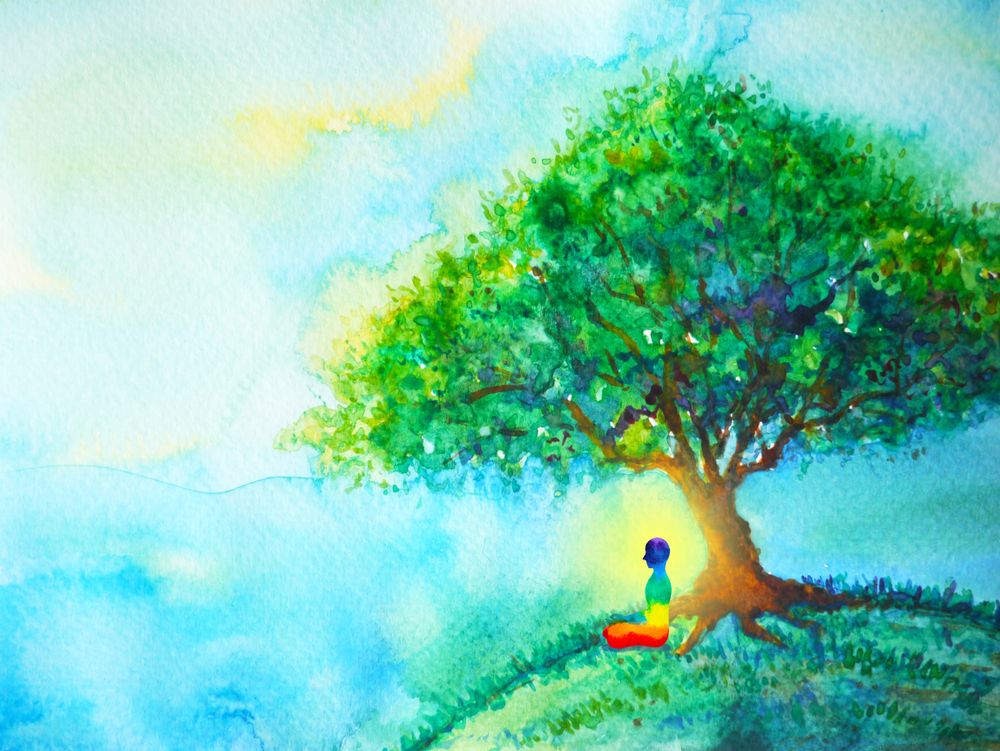 Person meditating under tree painting