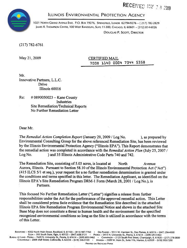 No Further Remediation Letter from Illinois  environmental protection agency