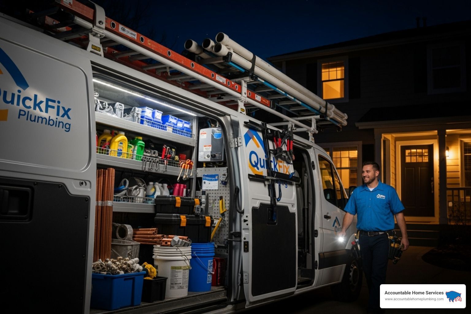 plumber arriving at night with well-stocked van - emergency plumbers near me