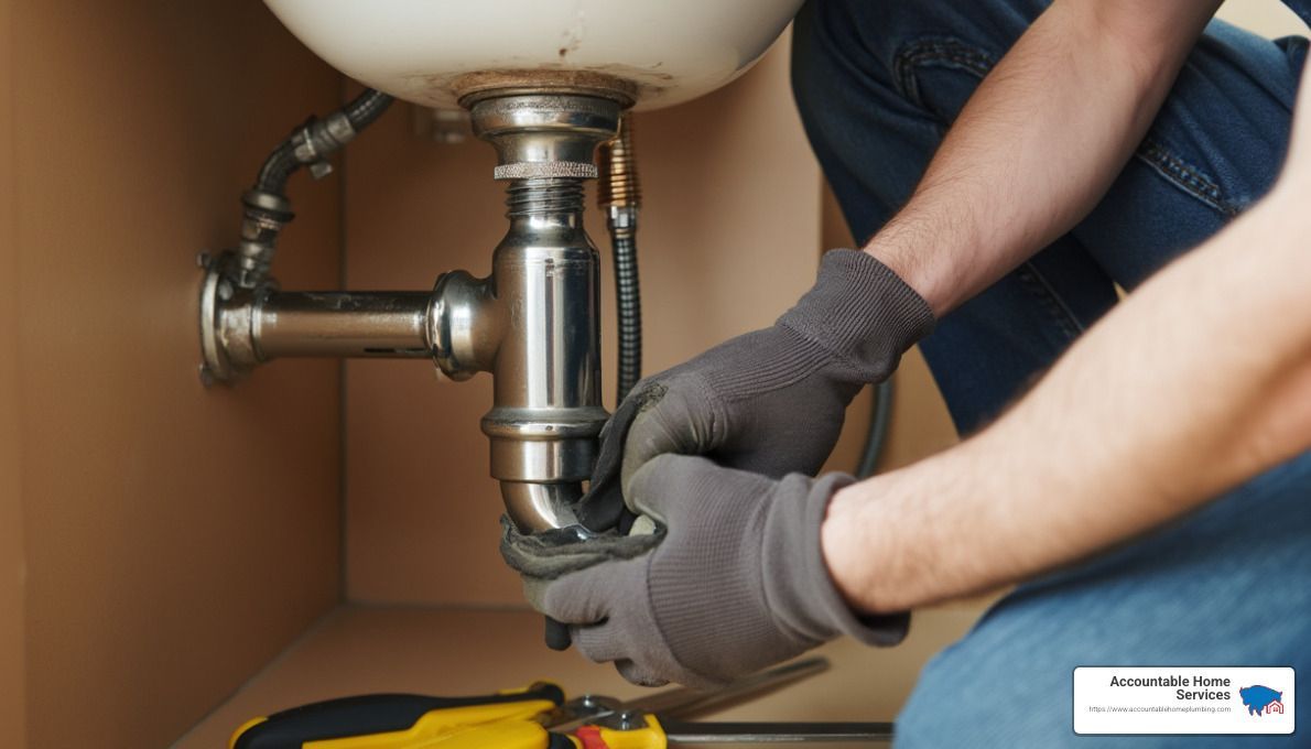 Plumber with tools fixing a sink - plumber near me 24 hours