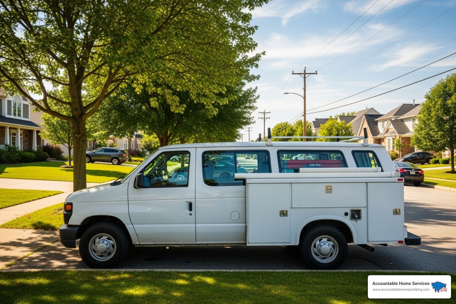 White service van parked on a residential street - Best plumbing company Denver