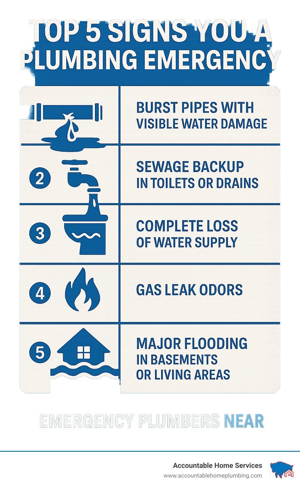 Top 5 signs of a plumbing emergency: Burst pipes, sewage backup, loss of water, gas leak odors, and flooding.