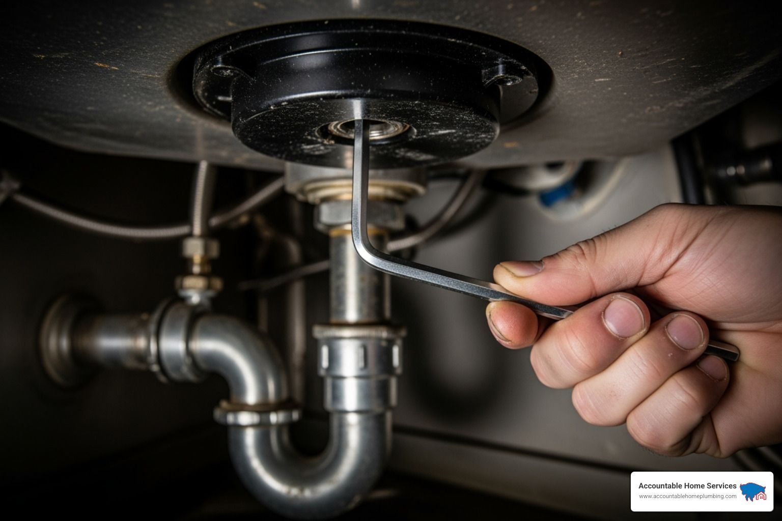 person using an Allen wrench on the bottom of a garbage disposal - Denver garbage disposal repair