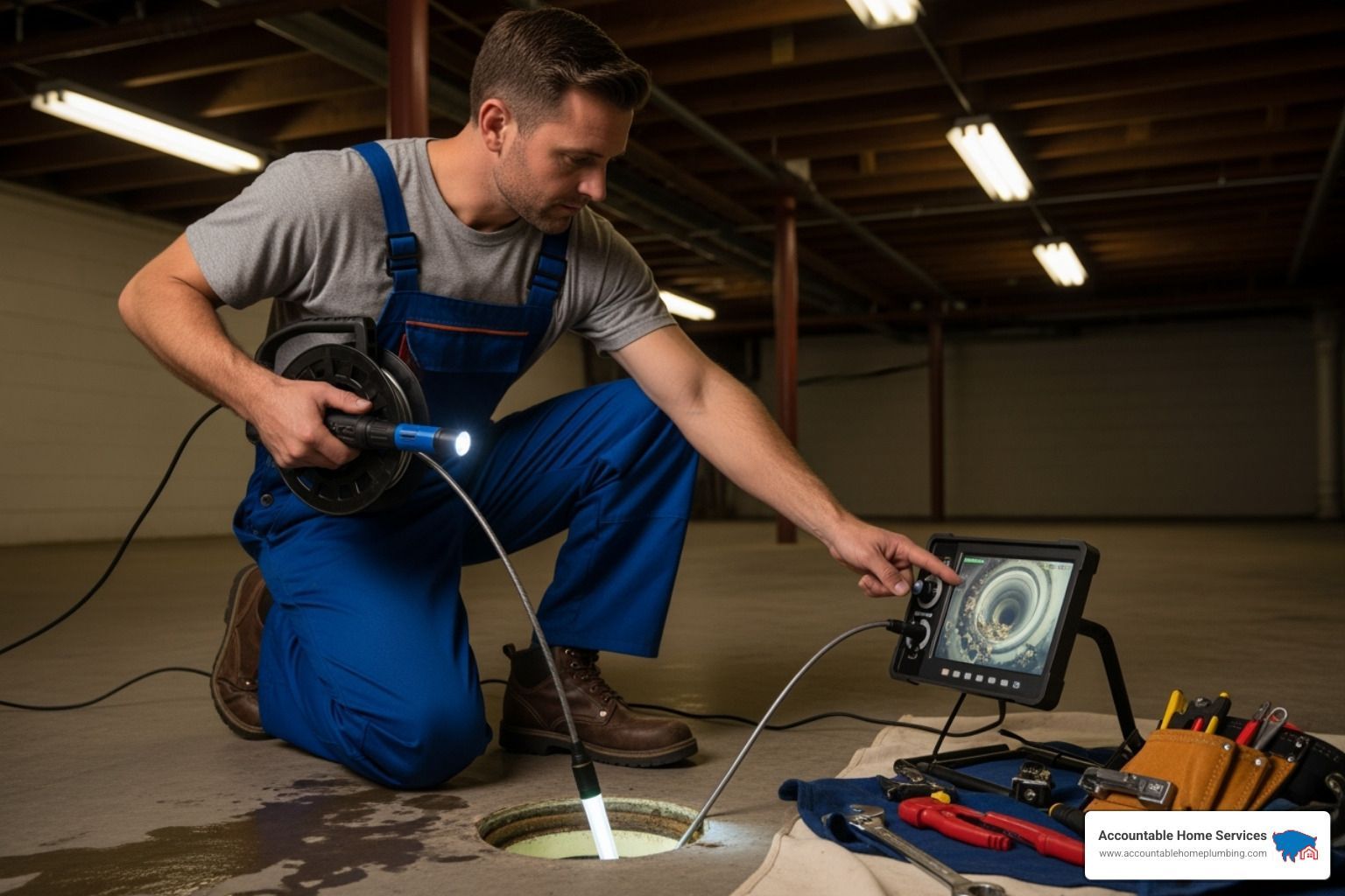a professional plumber using a camera snake for a drain inspection - plumbing preventive maintenance