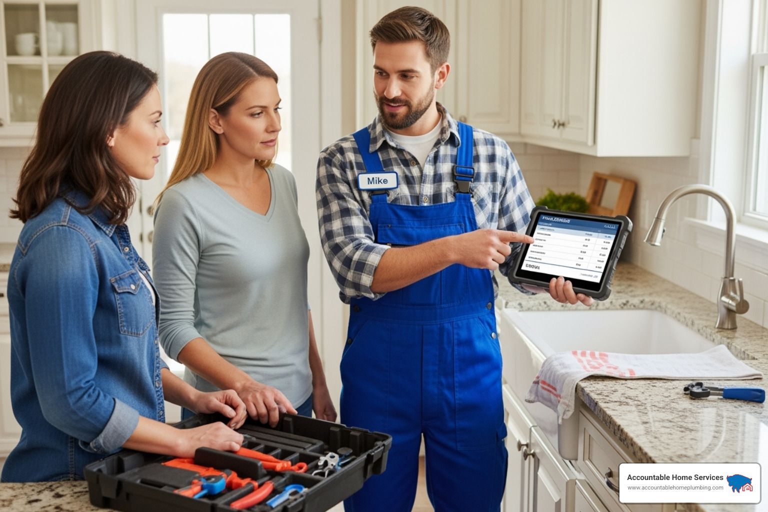 plumber showing customer an upfront price on a tablet - Best plumbing company Denver