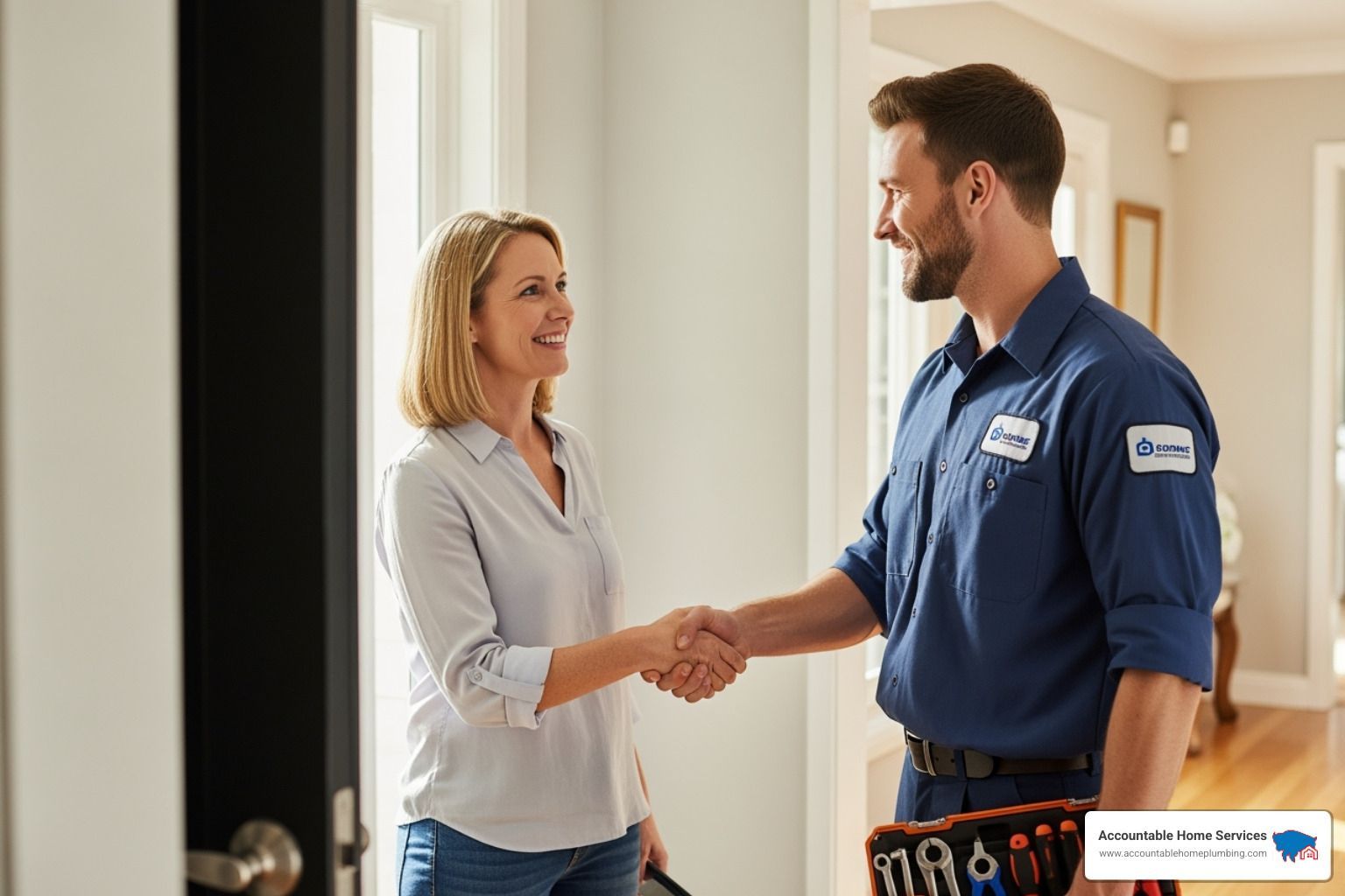 a homeowner shaking hands with a friendly, professional plumber - Plumbing repair Arvada