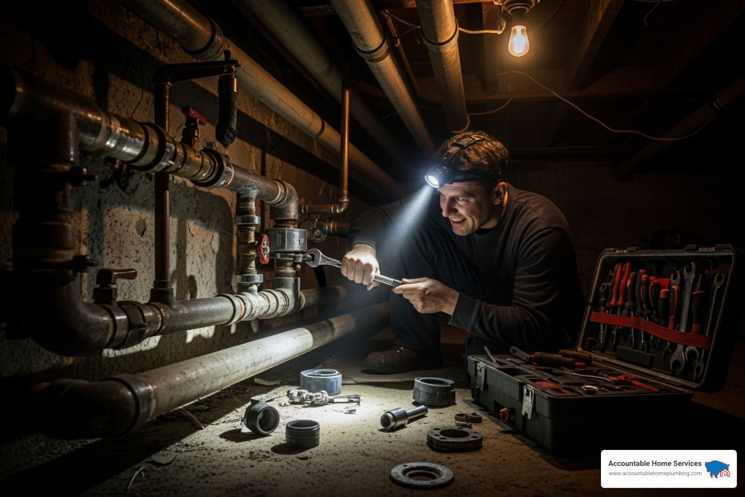 a plumber working at night with a headlamp - Plumbing repair Arvada