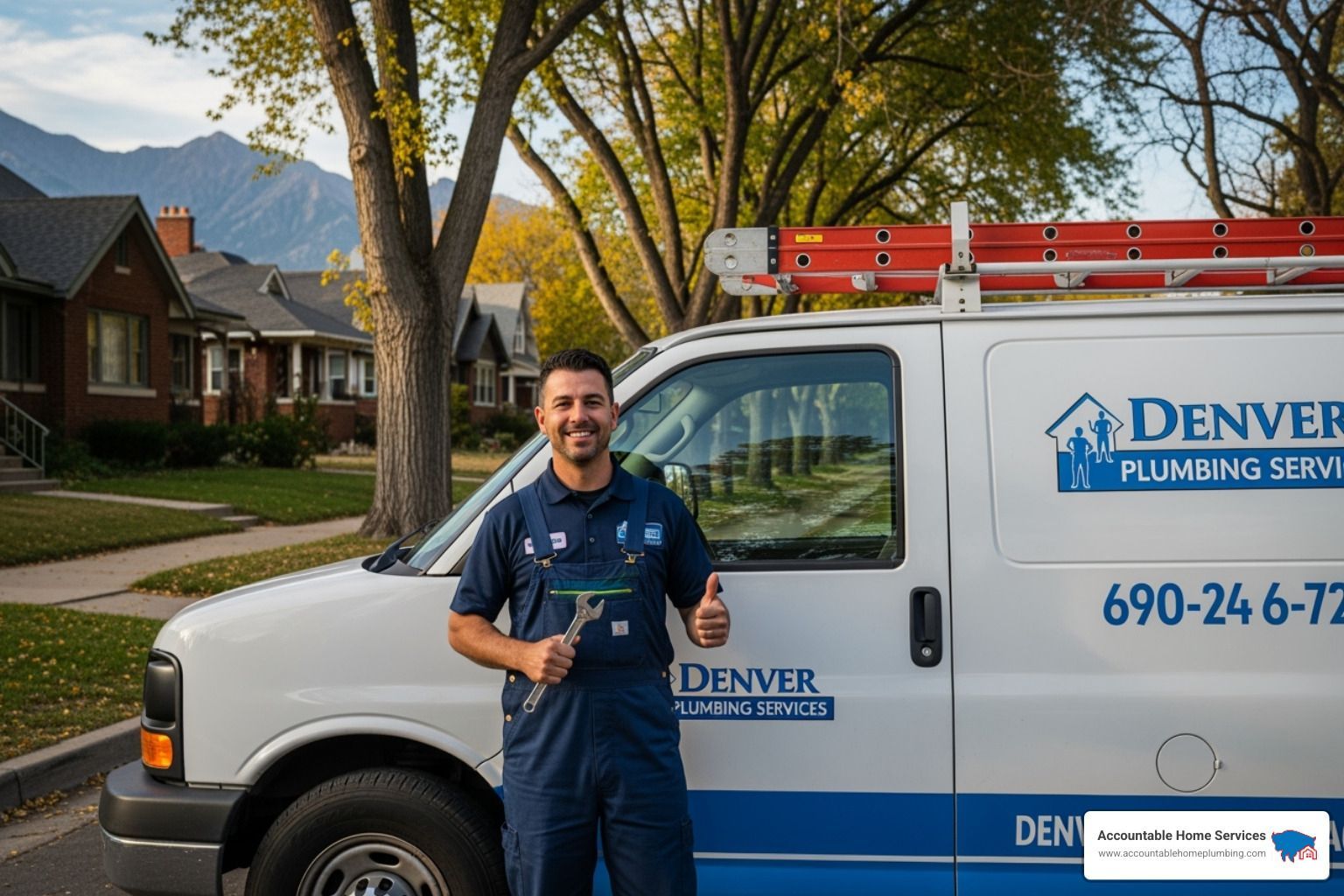friendly, professional plumber with a van in a Denver neighborhood - Leak detection service Denver