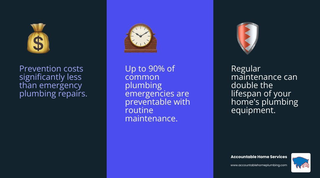 Infographic about plumbing maintenance. It states preventative costs are less than emergency repairs, routine maintenance prevents 20% of plumbing emergencies, and regular maintenance extends equipment lifespan.