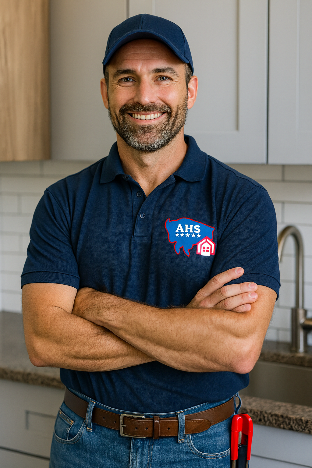 Man in blue polo shirt with AHS logo and cap, arms crossed in kitchen.
