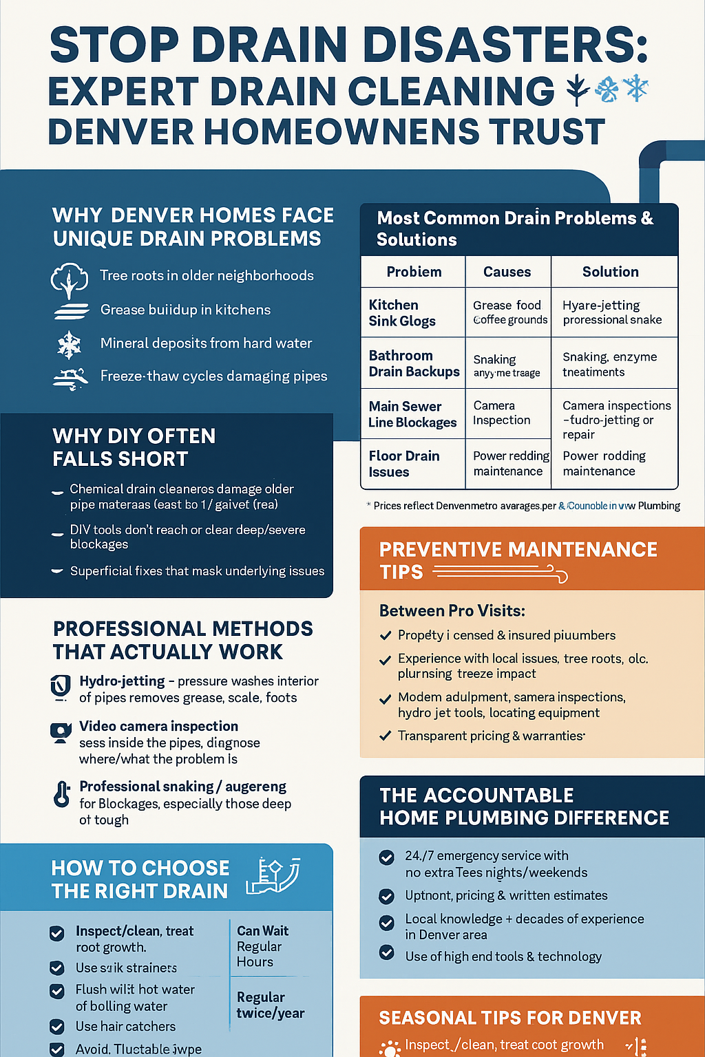 An informational poster about drain cleaning services in Denver. It provides tips on maintenance and choosing the right service.