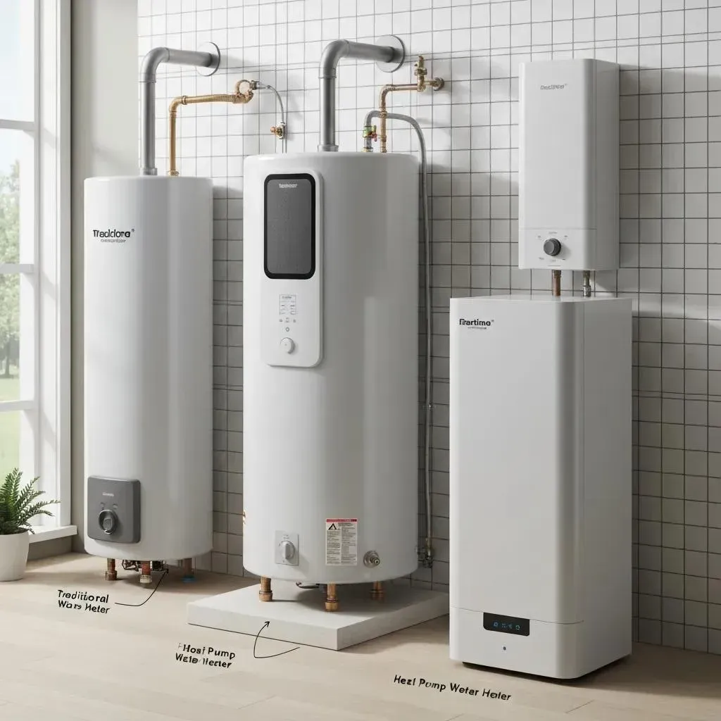 Three white electric water heaters in a room with white tile. Plumbing and a window are visible.