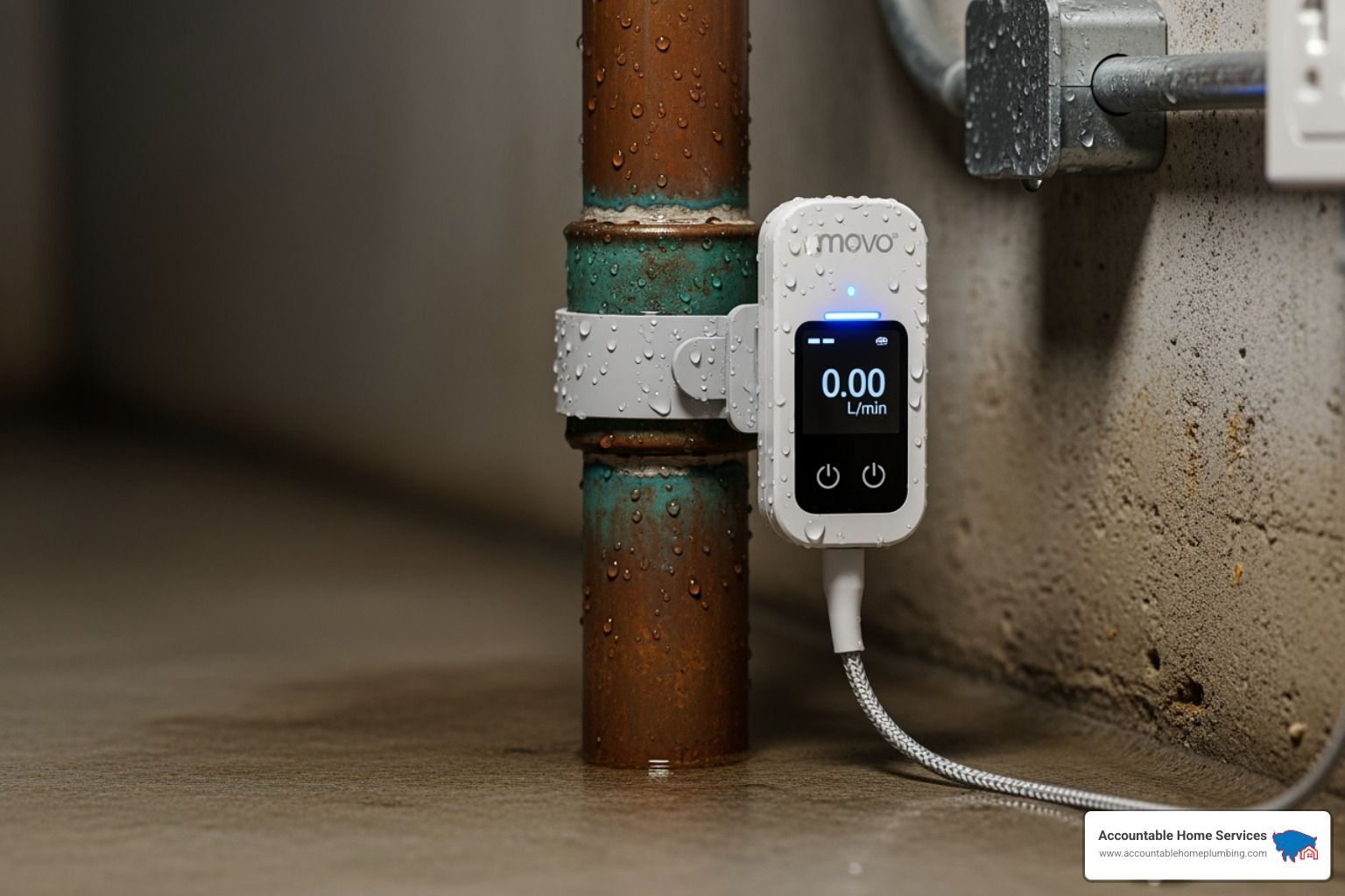 a smart water leak detector on a pipe - plumbing preventive maintenance