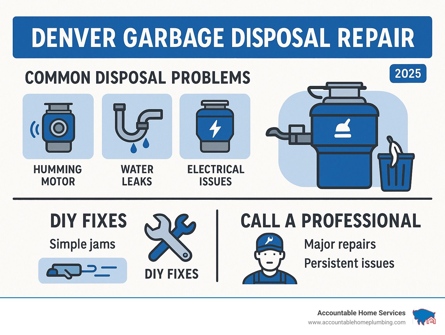 Infographic about Denver garbage disposal repair. Shows common problems (humming motor, leaks, electrical), DIY fixes, and when to call a professional.