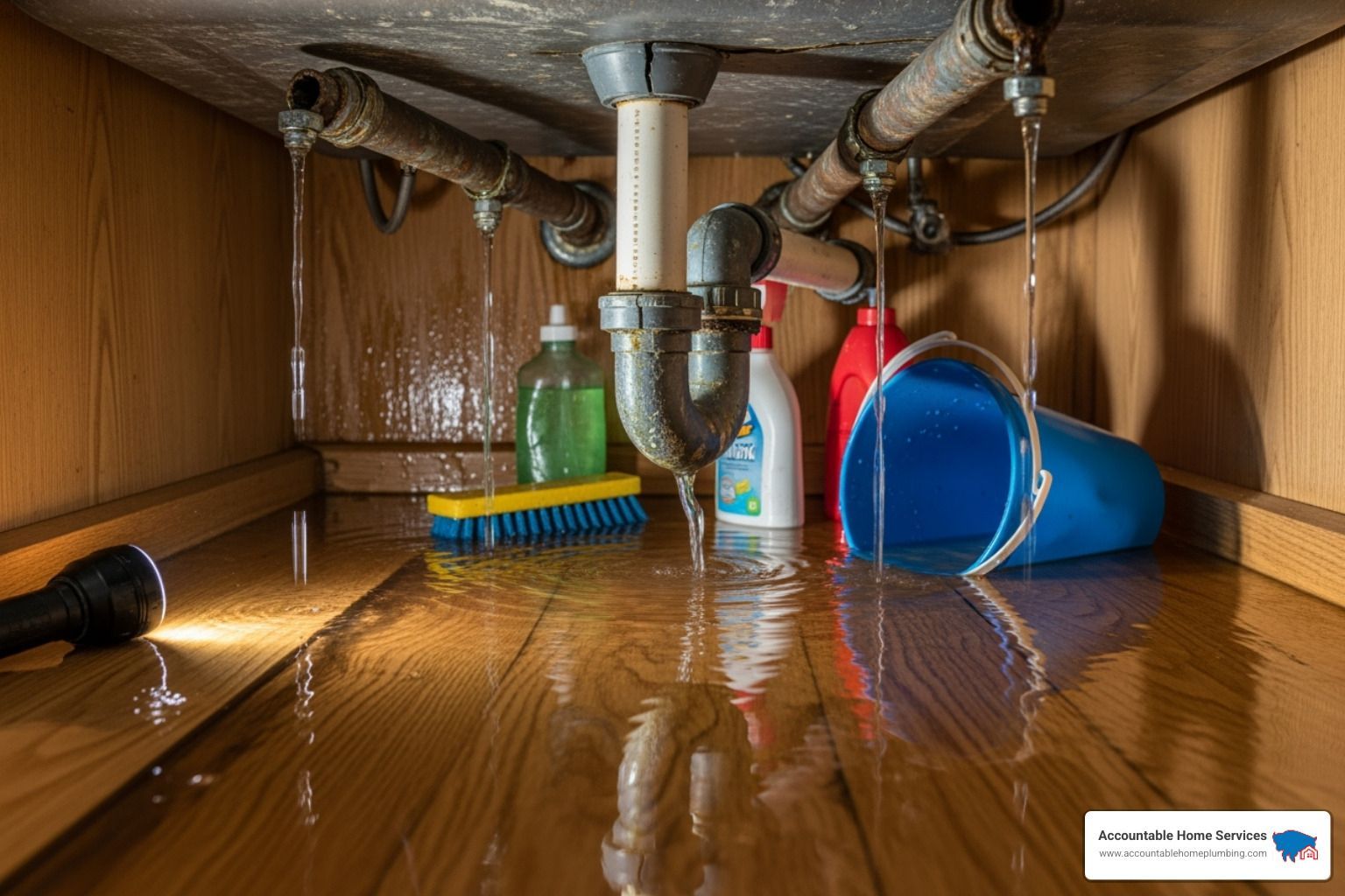 water leaking from under a kitchen sink - Denver garbage disposal repair
