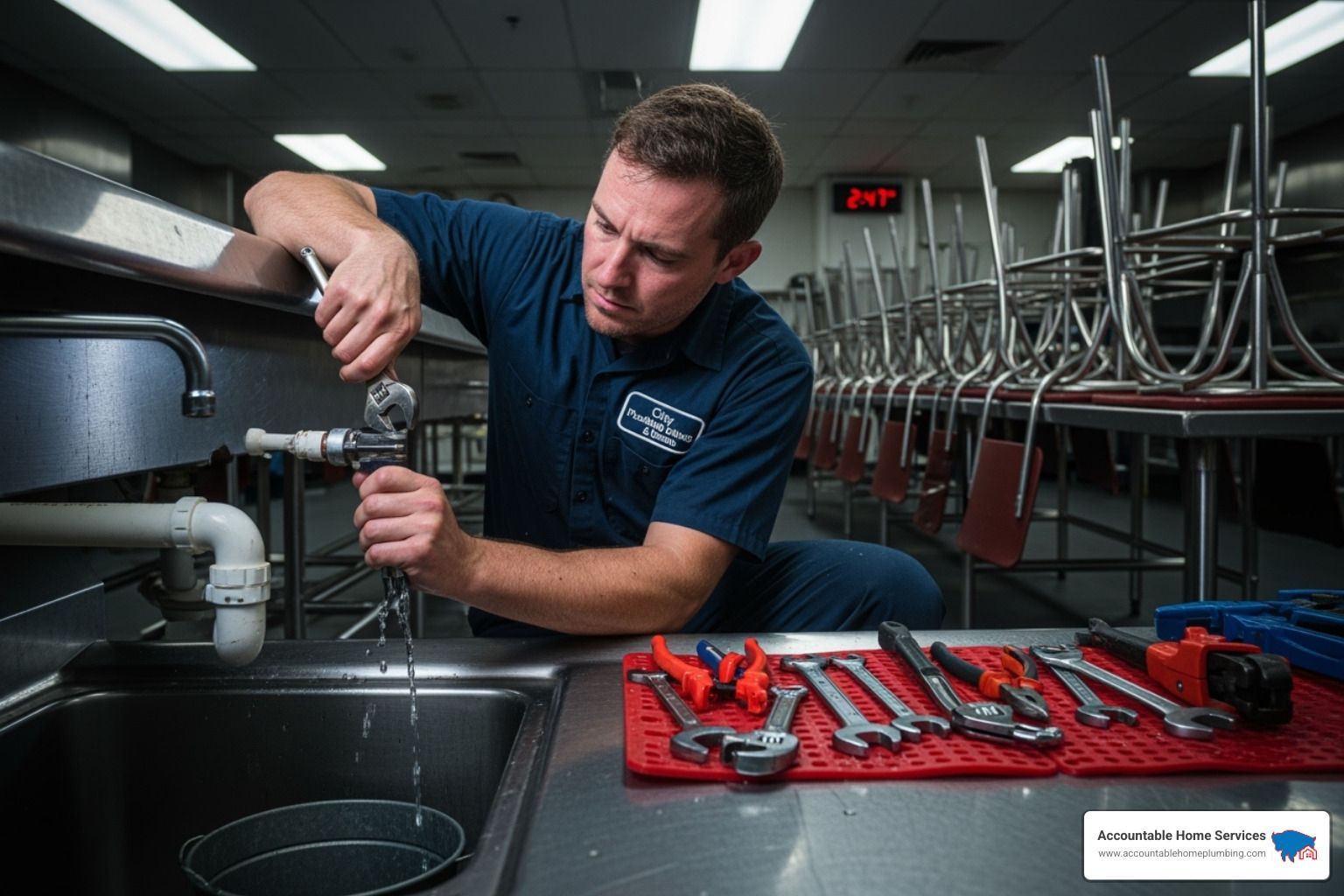 plumber working diligently at night in a commercial setting - thornton plumbing