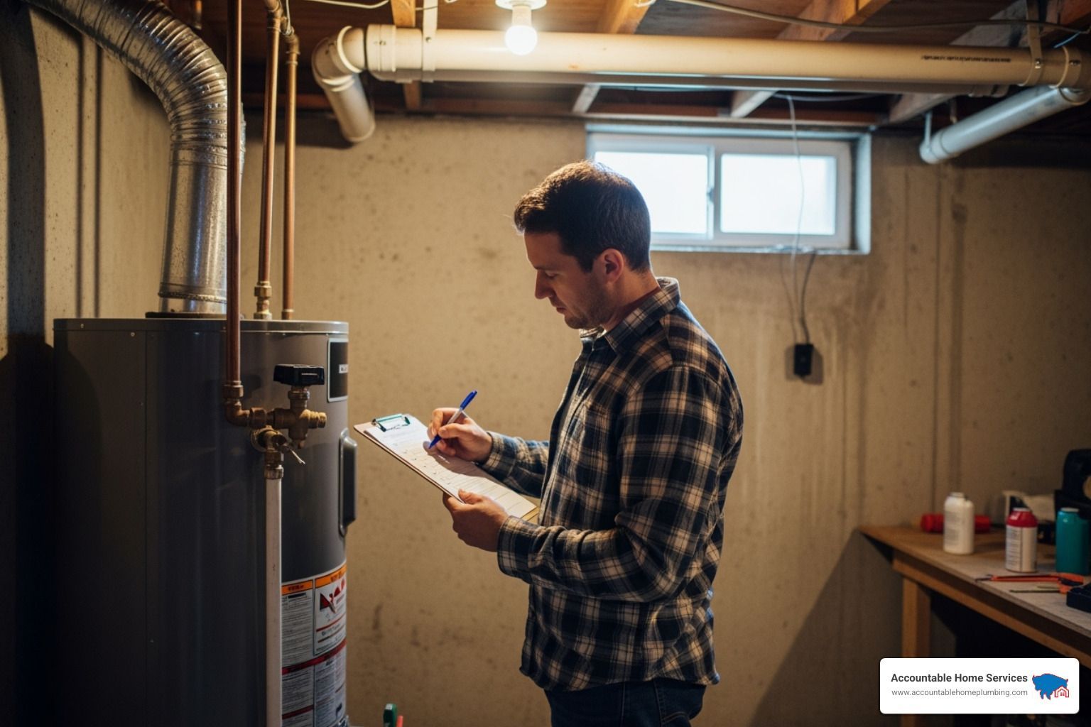 a homeowner inspecting a water heater with a checklist - plumbing preventive maintenance