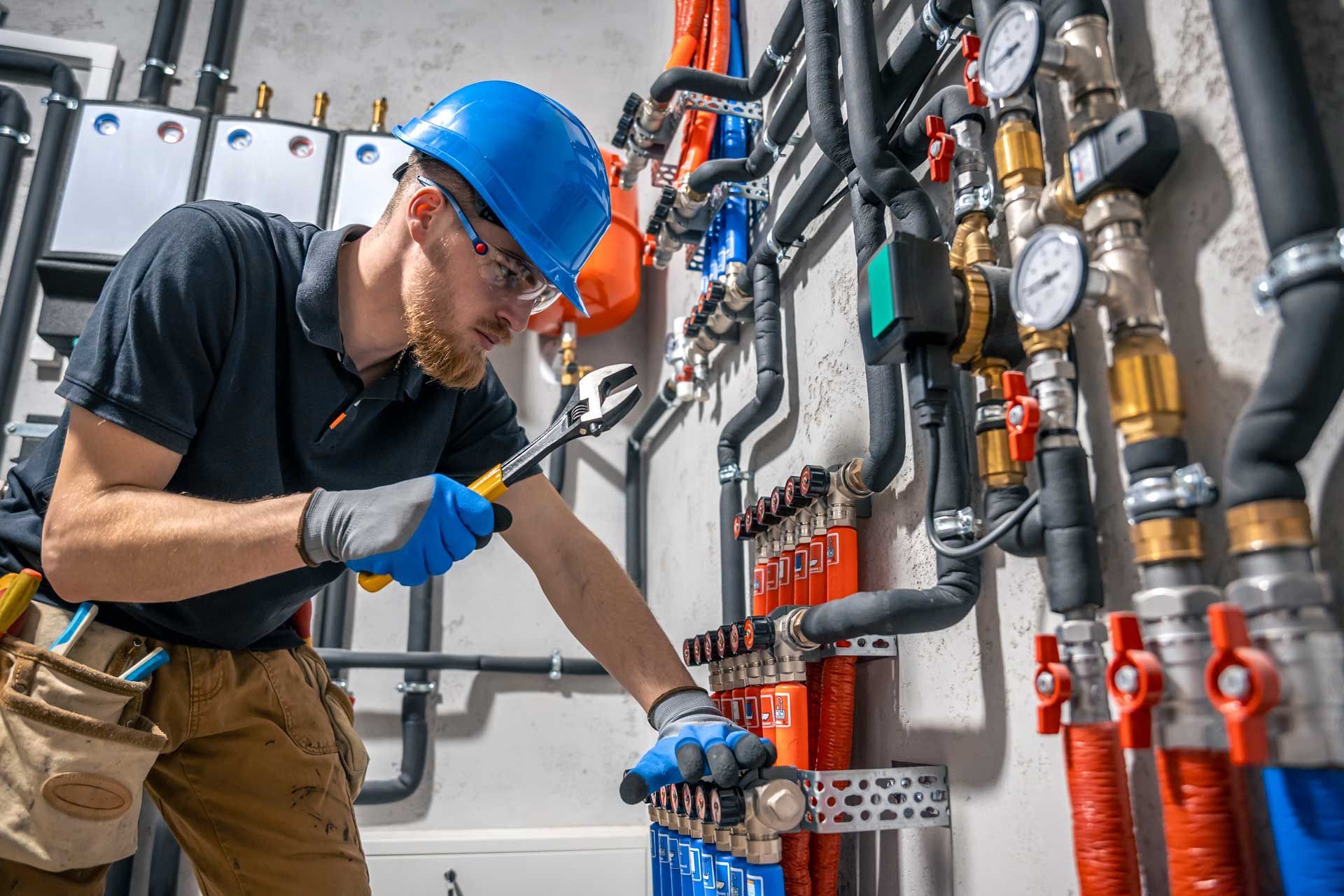 A man is working on a pipe system in a building.