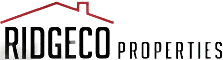 Logo for Ridgeco Properties: text in black font with a red roof design.