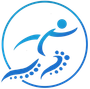 A blue logo of a person running in a circle