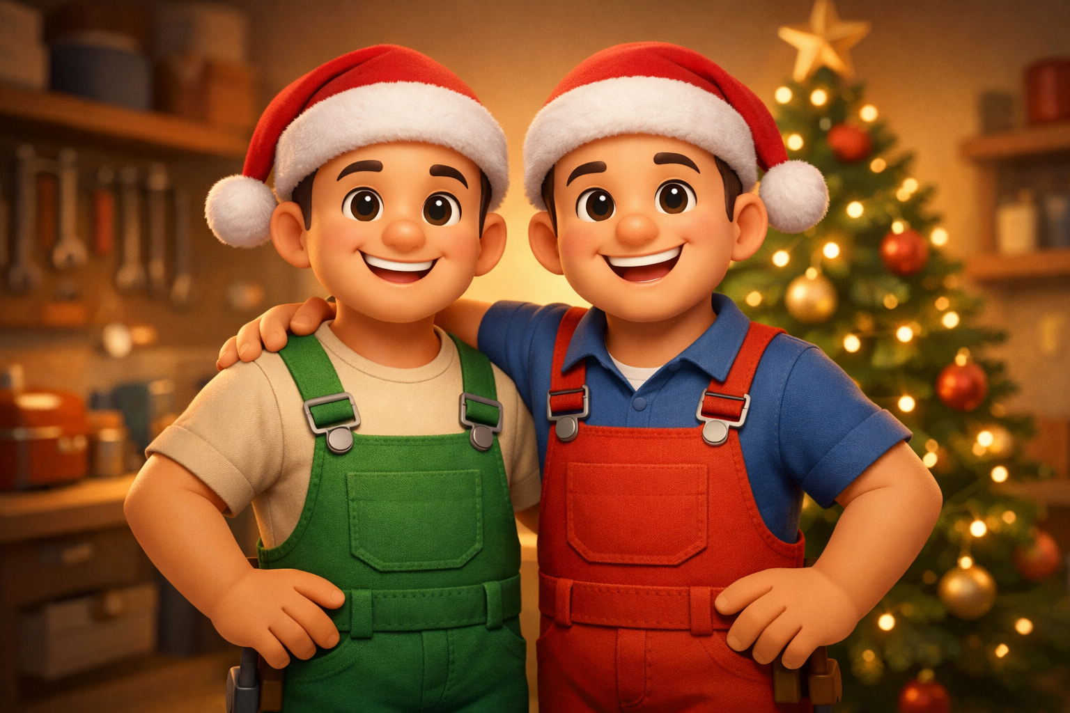Deux personnages de dessin animé, coiffés de bonnets de Père Noël et vêtus de salopettes, sourient et s'enlacent devant un sapin de Noël.