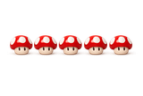 Cinq figurines de champignons rouges et blancs alignées sur un fond blanc