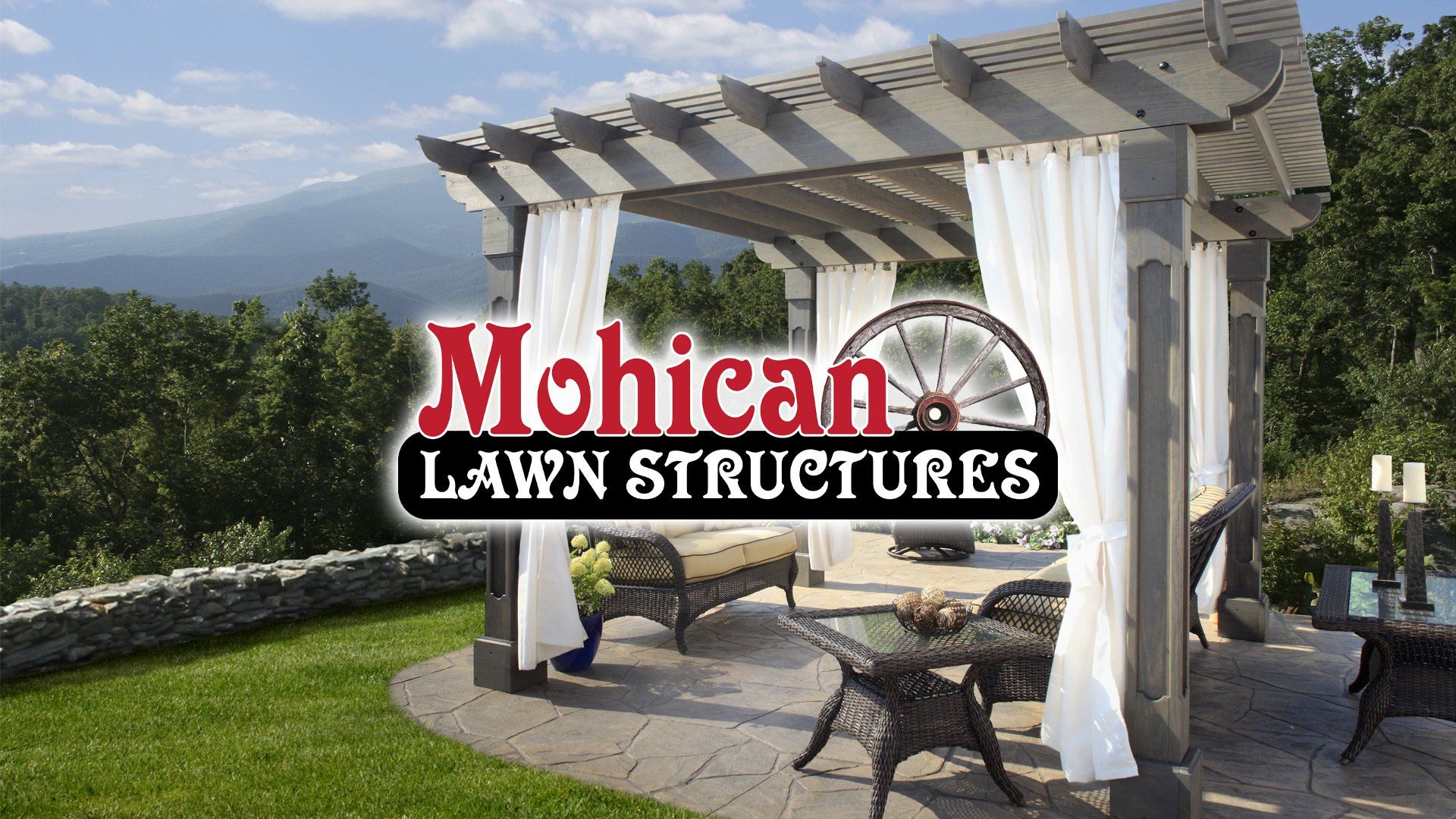 A pergola with white curtains and the Mohican Lawn Structures logo in the foreground. 