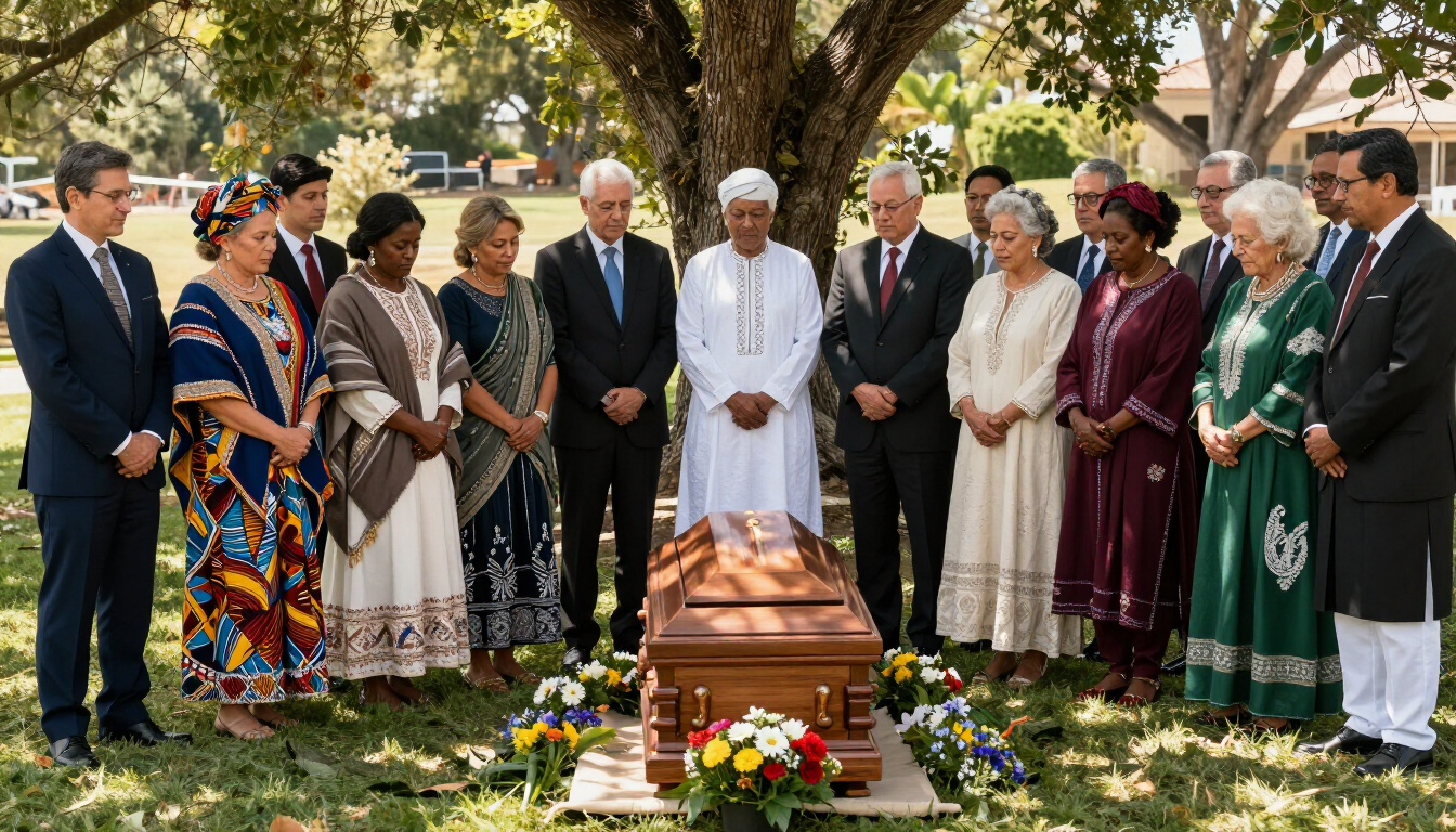 People gathered outdoors around a coffin, with a white-robed leader standing at the center.