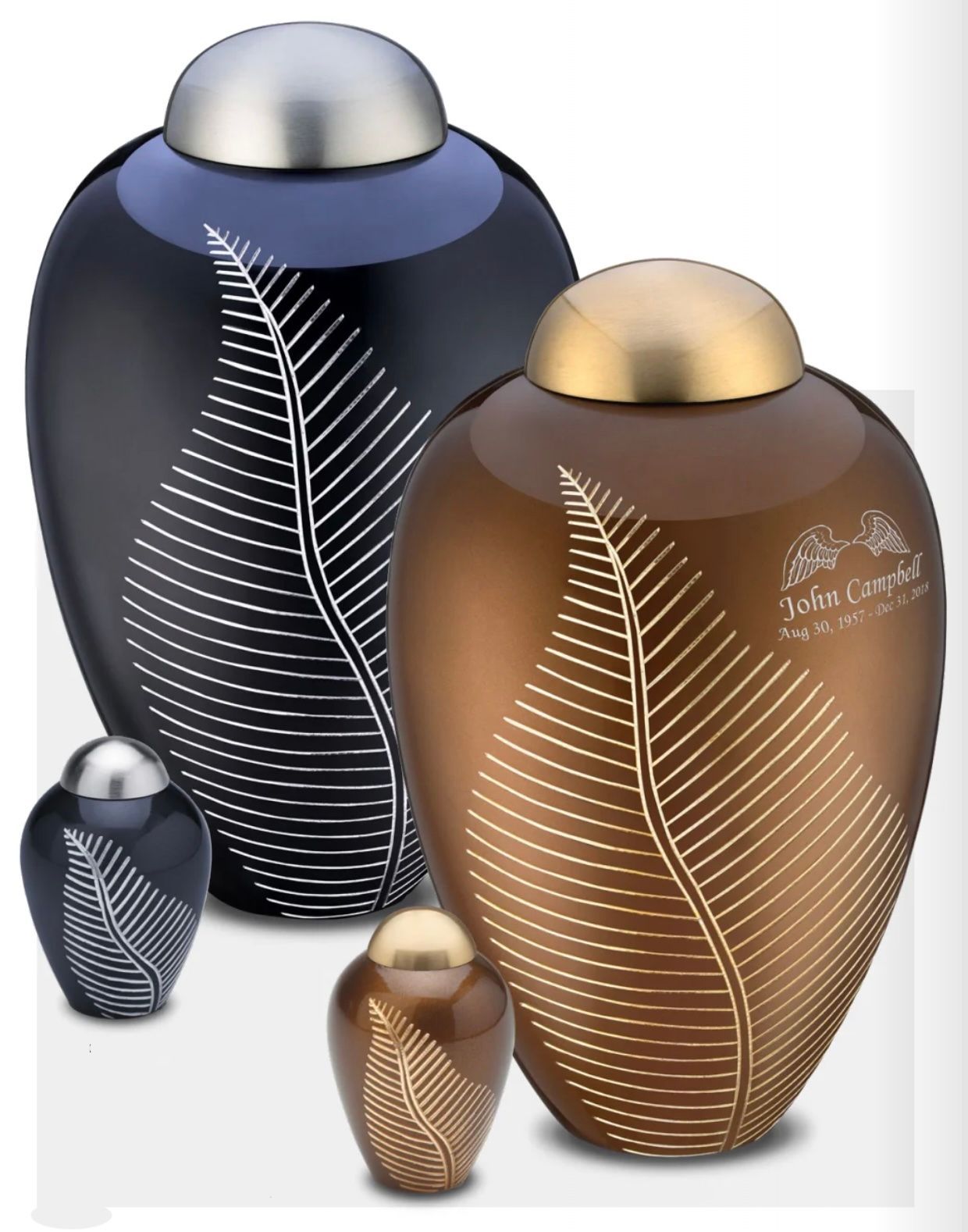 Four decorative urns in black and bronze with leaf designs, shown in different sizes on a white background