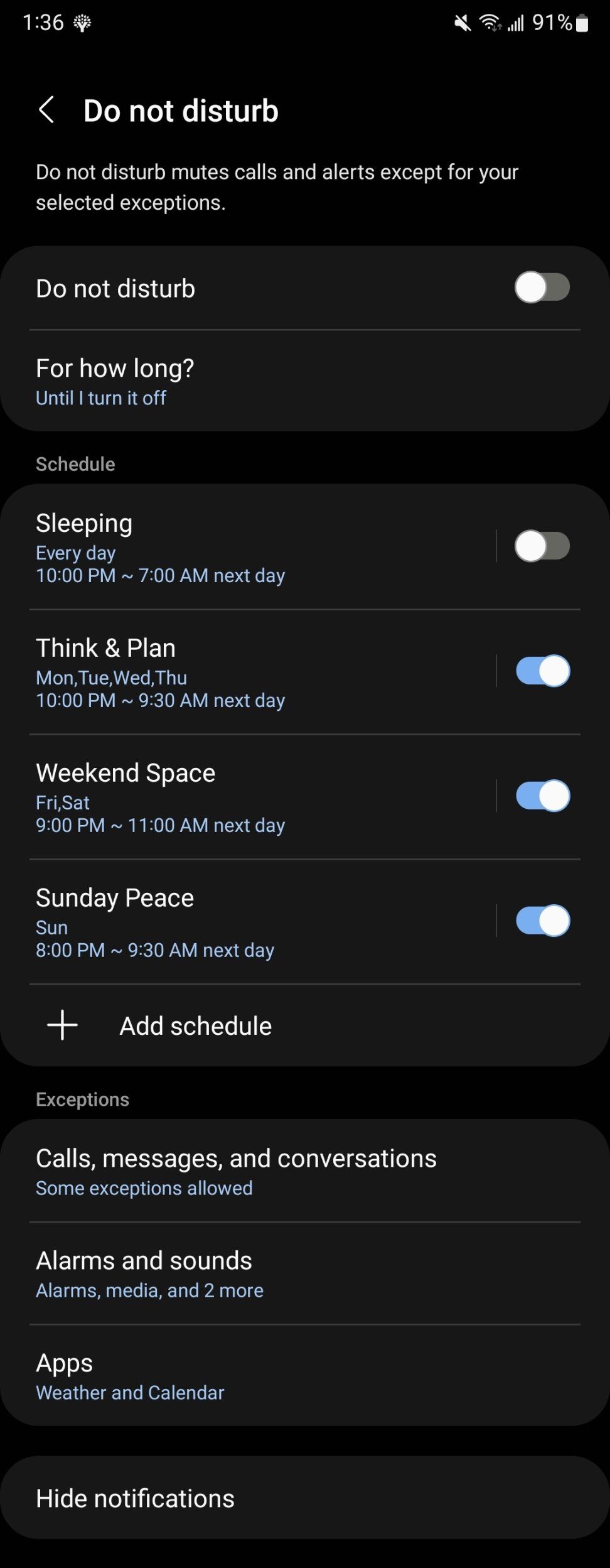 screen capture of Do Not Disturb settings on Samsung Tizen