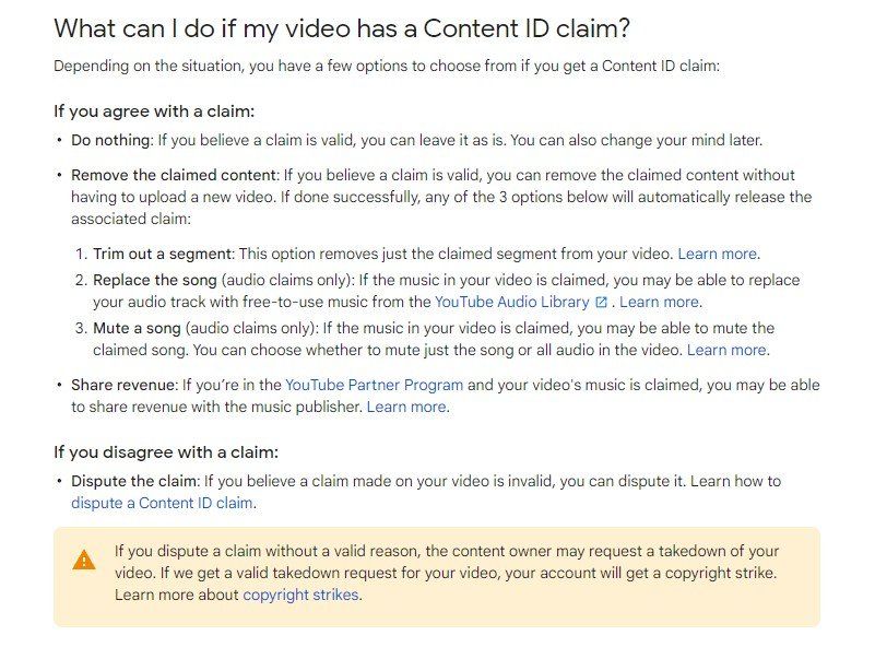 Screenshot of Google's advice on Content ID claims