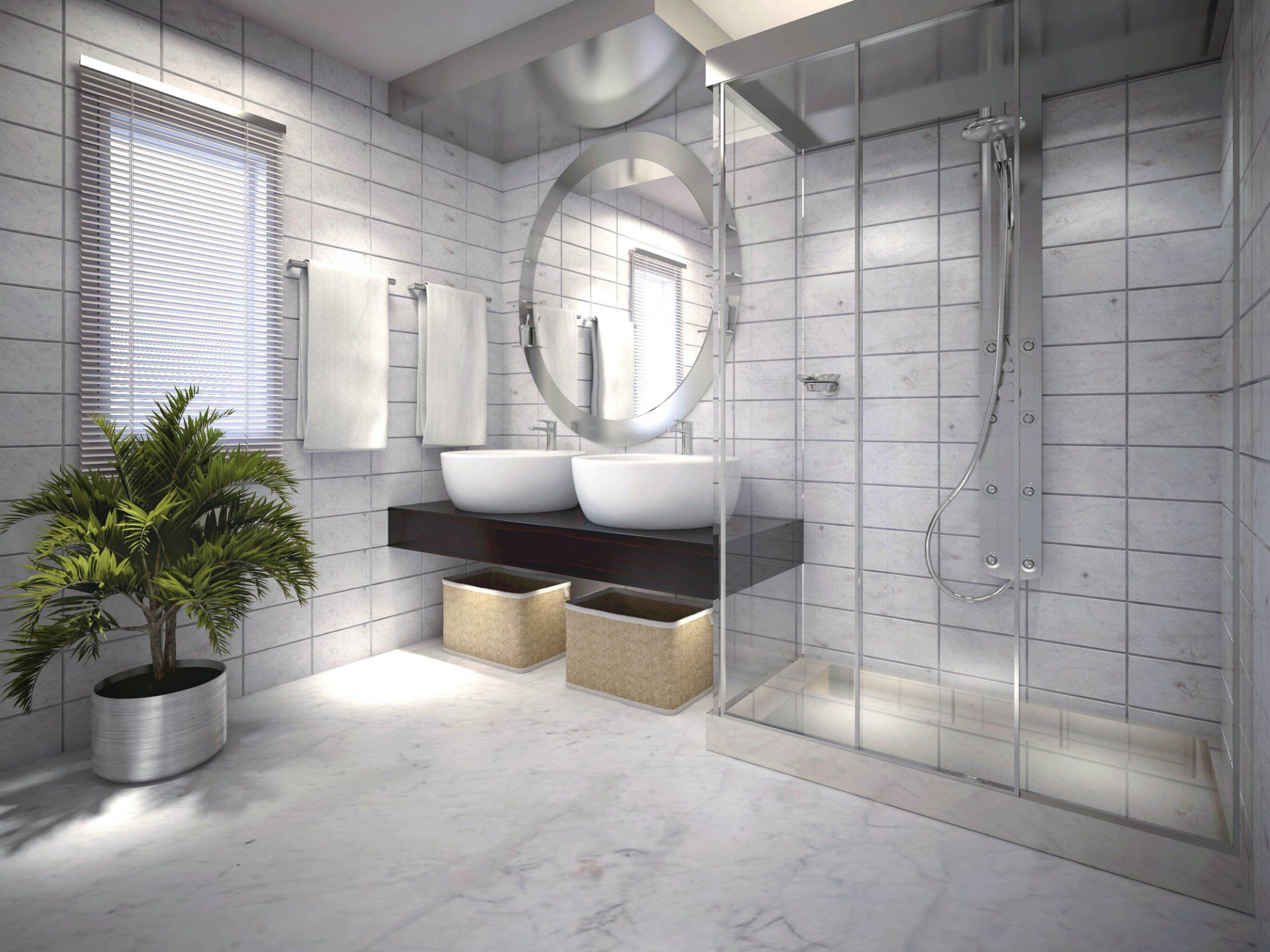 Bagno moderno con pareti piastrellate bianche, doccia, doppi lavandini e pianta in vaso.