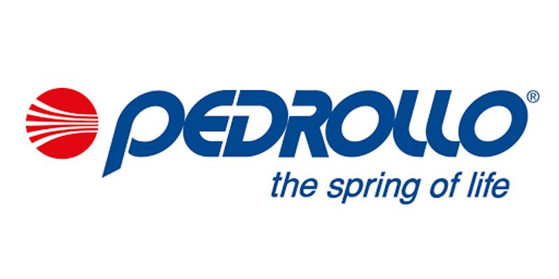 Logo di Pedrollo, un marchio con una spirale rossa e bianca e testo blu. In basso appare 