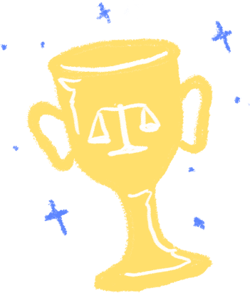 A hand-drawn graphic of a trophy labeled with justice scales for Community Justice Award.