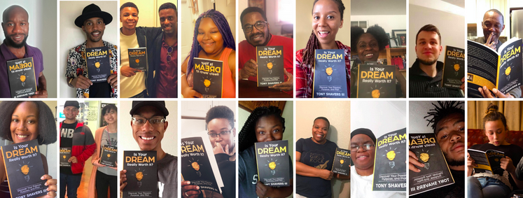 Several customers holding the Amazon self-help book best seller Is Your Dream Worth It