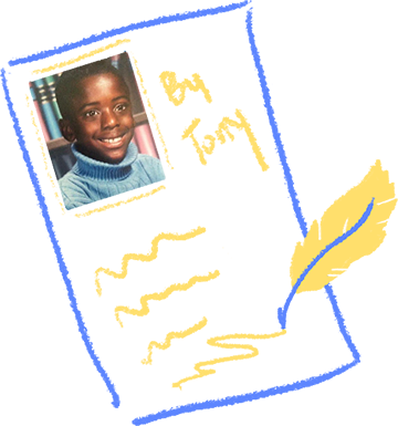 Hand-drawn graphic of paper with writing and photograph of Tony Shavers III as a small child.