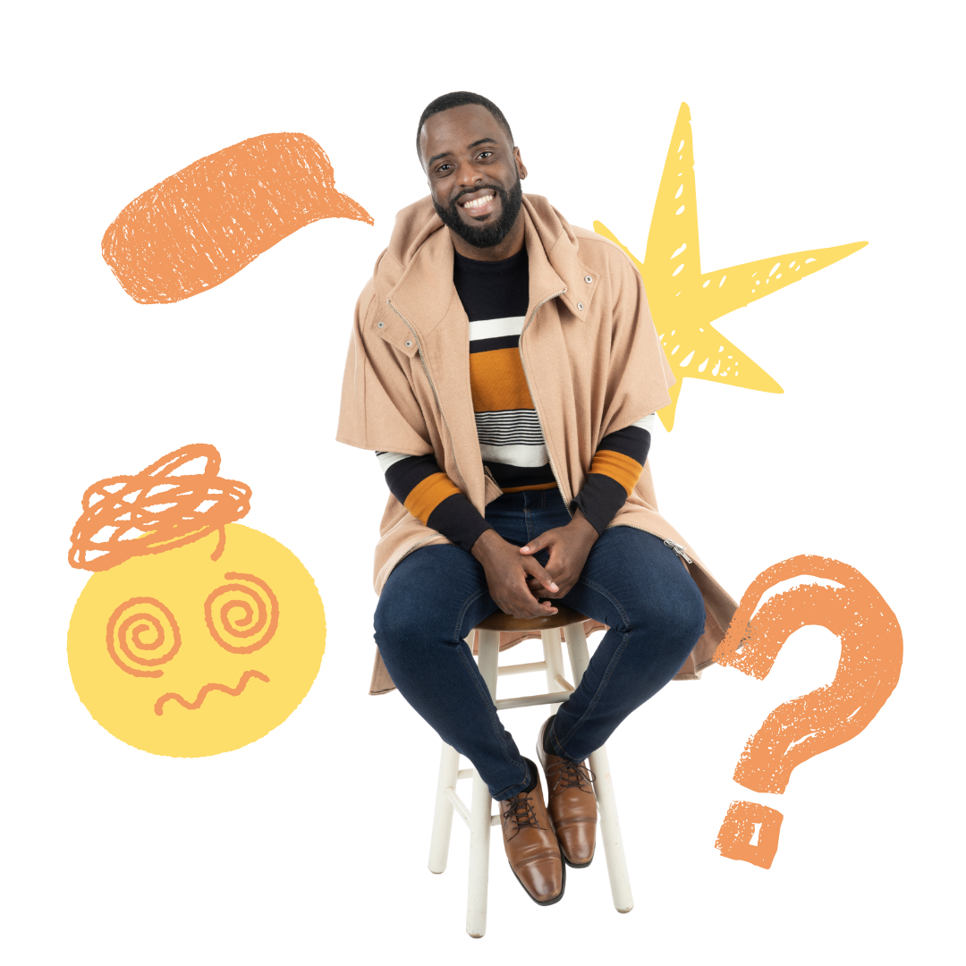 Tony Shavers III sitting on stool, wearing coat and sweater. Cartoon thought bubbles and question marks surround him.