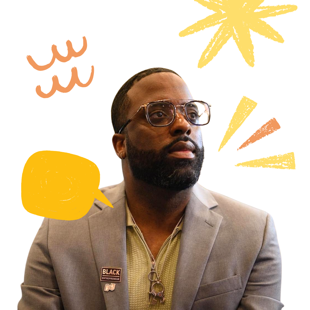 Tony Shavers III sitting on stool, wearing coat and sweater. Cartoon thought bubbles and question marks surround him.