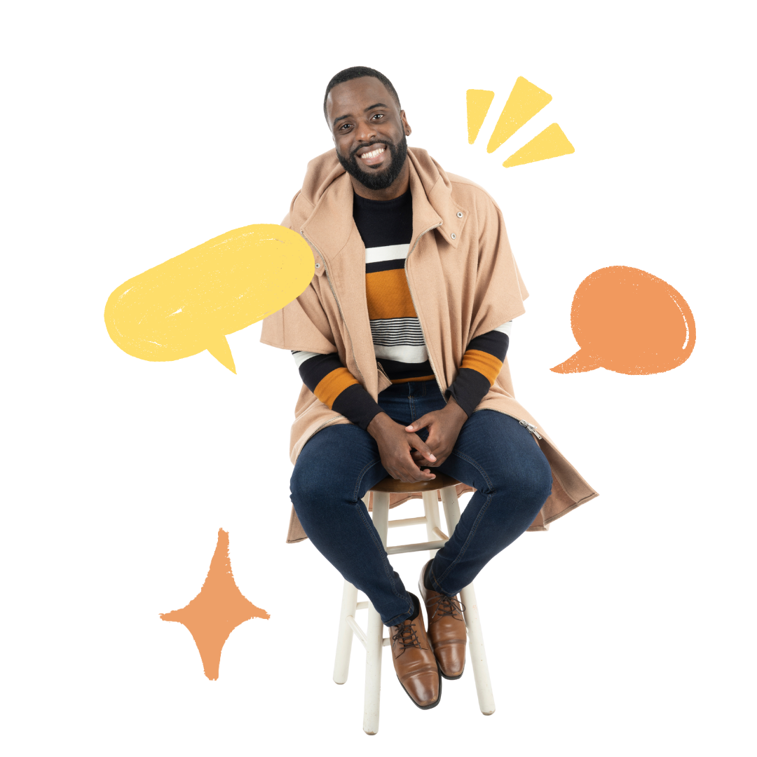 Tony Shavers III on stool, smiling. Wearing tan coat, blue jeans, and brown shoes. Yellow and orange speech bubbles.