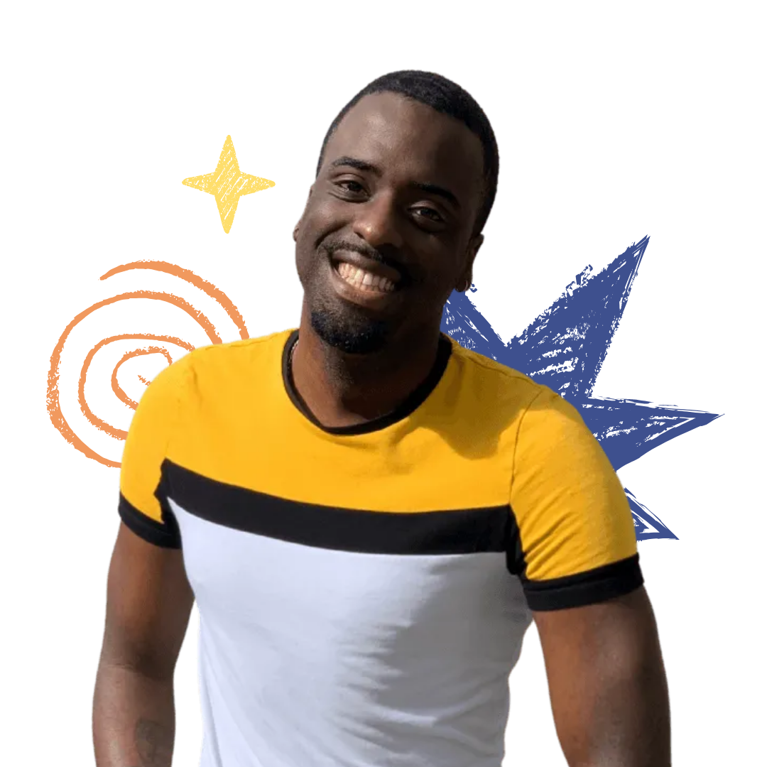 Tony Shavers III Smiling in yellow, black, and white shirt with doodles in the background.