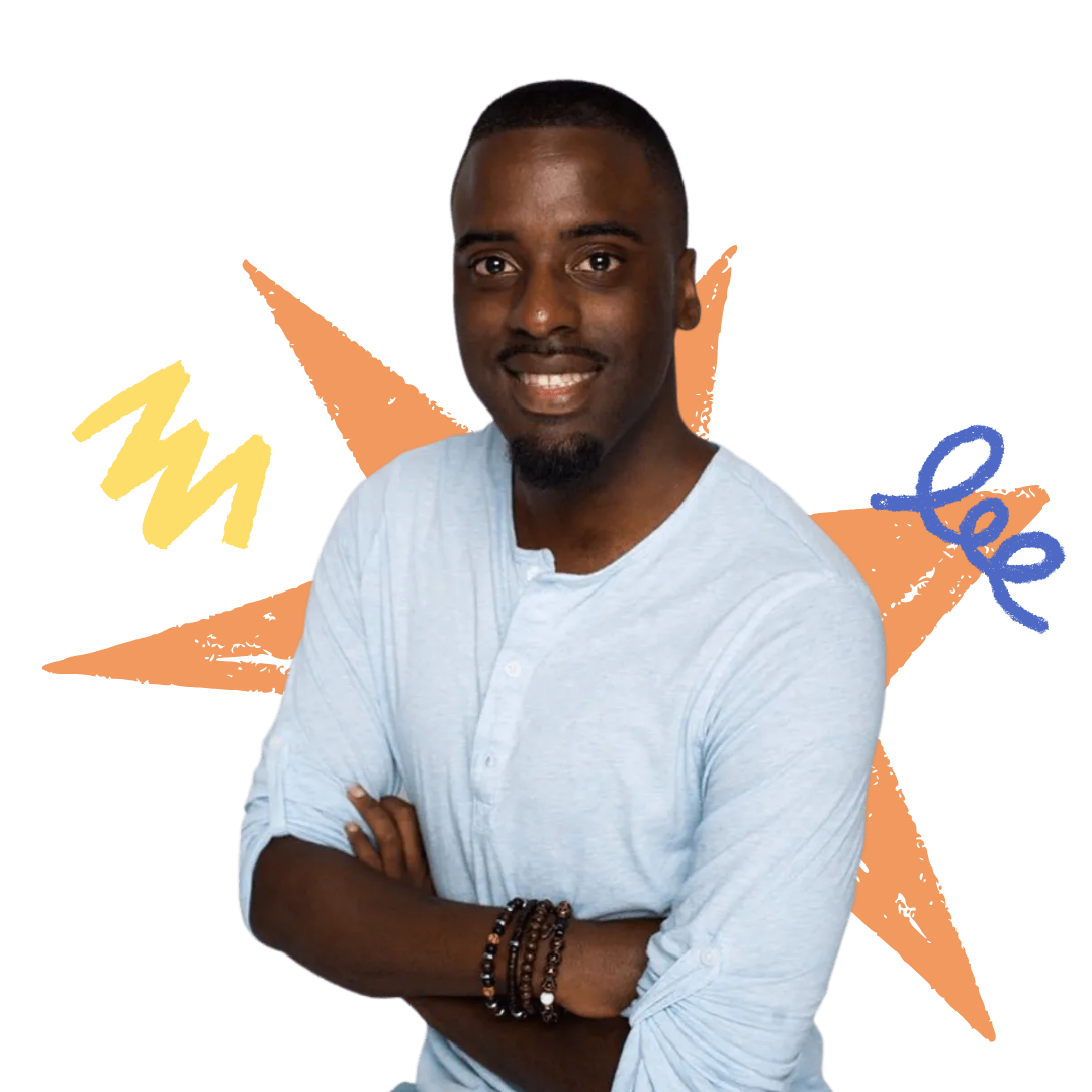 Tony Shavers III with arms crossed, smiling. Wearing a light blue shirt, multiple wrist bracelets. Orange and blue doodle art.