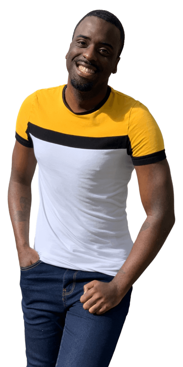 tony shavers smiling wearing white and yellow tshirt