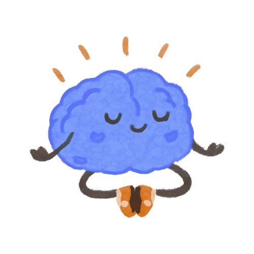 Cartoon brain meditating, eyes closed, radiating light.