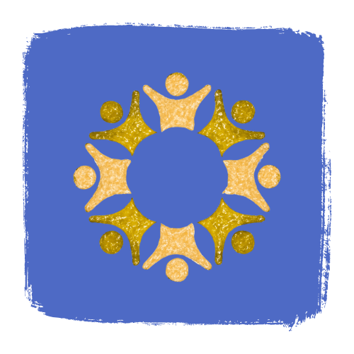 Gold figures in a circle, arms raised, on blue background. Symbol of unity and community.