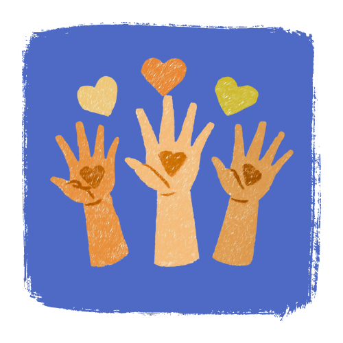 Three hands reaching up with hearts; yellow, orange, and golden hearts. Blue background.
