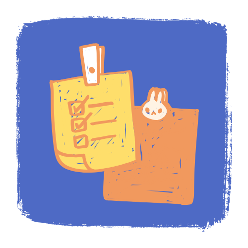 Yellow notepad with checklist clipped to an orange paper. A bunny clip is attached.