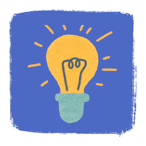 Yellow lightbulb with rays on a blue background, symbolizing an idea.