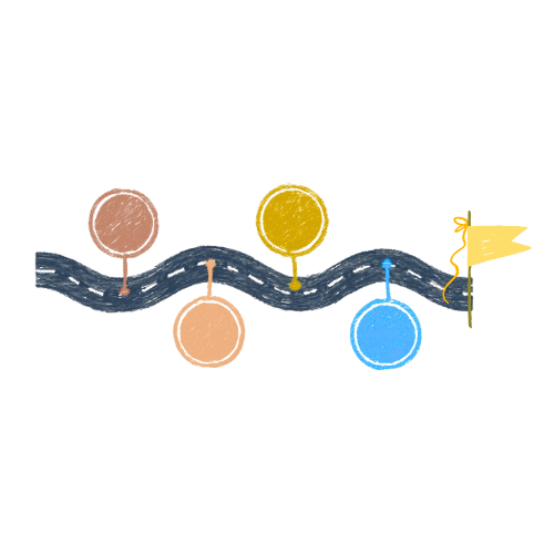 Road with checkpoints and a flag, marking progress.
