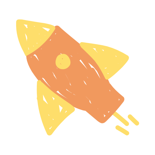 Orange and yellow cartoon rocket ship blasting off.